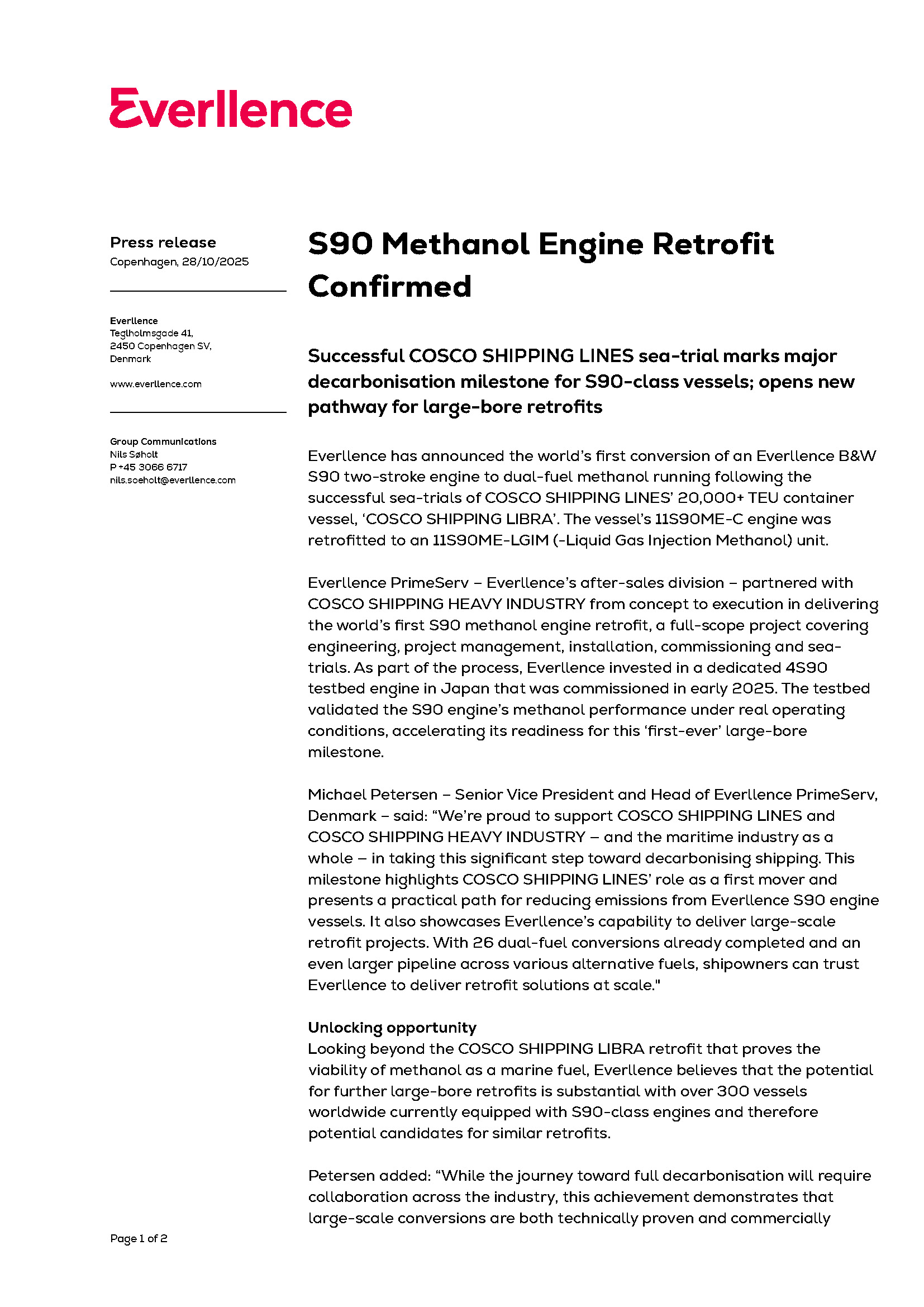 S90 Methanol Engine Retrofit Confirmed